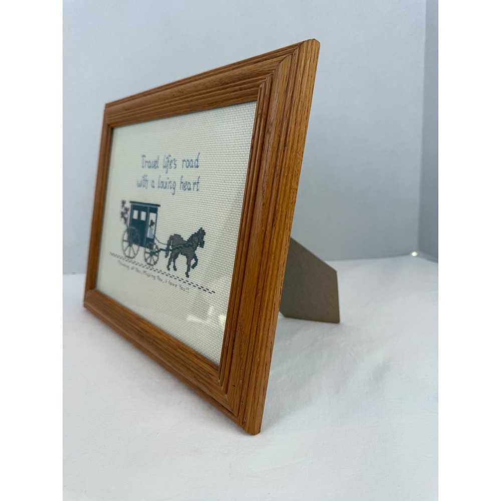 Vintage Granny Cottage Country Framed Cross Stitch Horse Carriage Wall Art Oak - Picture 3 of 8